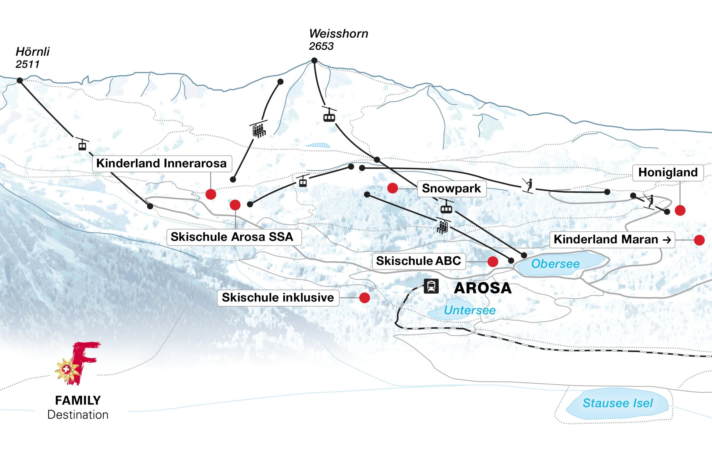 Karte Winter Keystory Arosa 2019/2020, Graubuenden, Winter, Berg, Skifahren (Ski alpin), Schneeschuhlaufen, Snowboarden, Sessellift, Skilift, Seilbahn