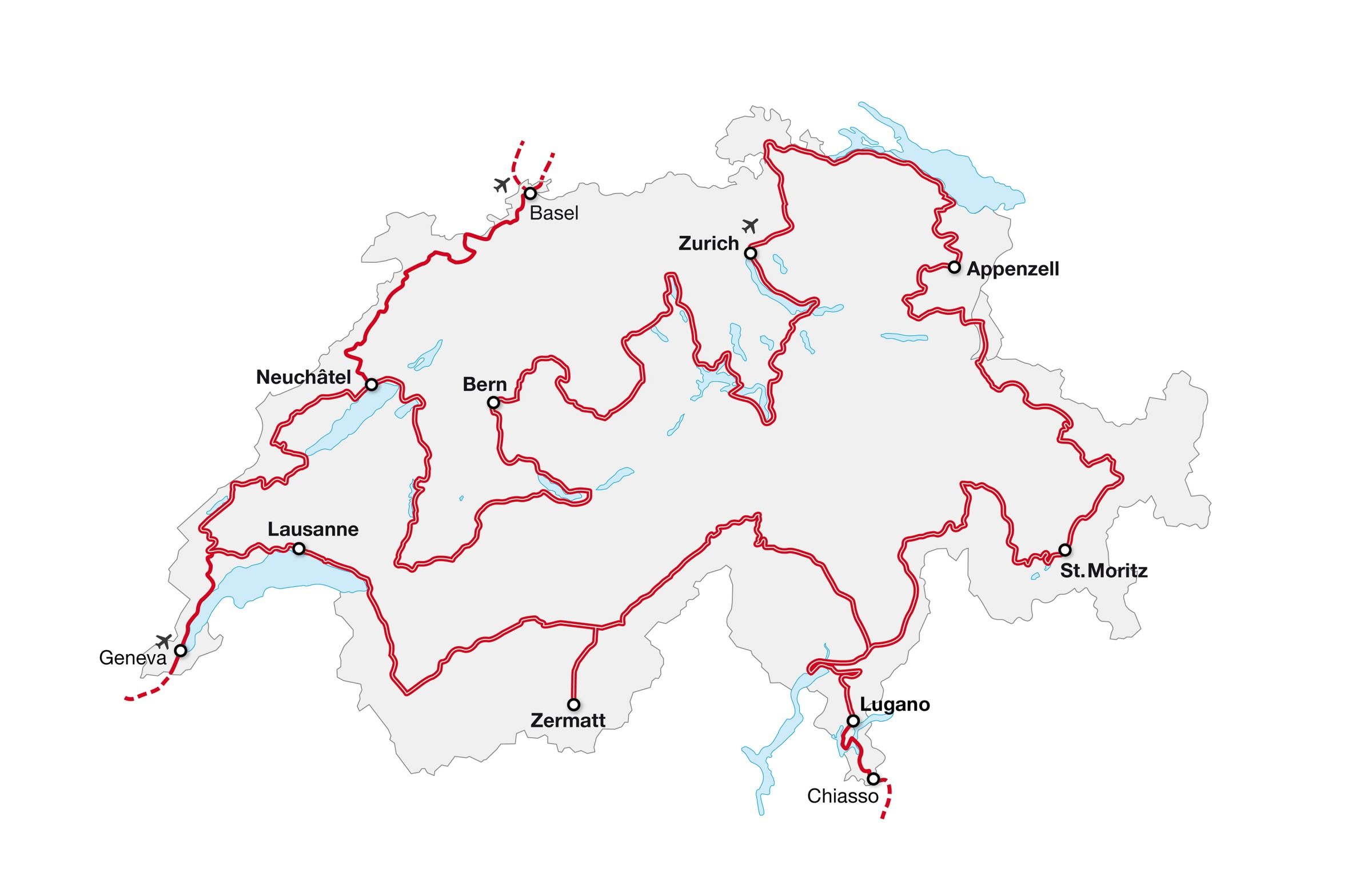 Grand Tour of Switzerland, Streckenabschnitte, Geen regio, Lente, Zomer, Herfst, Auto