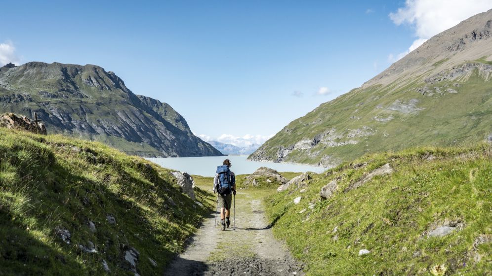 Valais, summer, mountain, meadow, lake, man, hiking